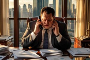 CEO stressed at his desk with lots of paperwork