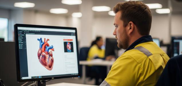 man working on computer learning about heart health
